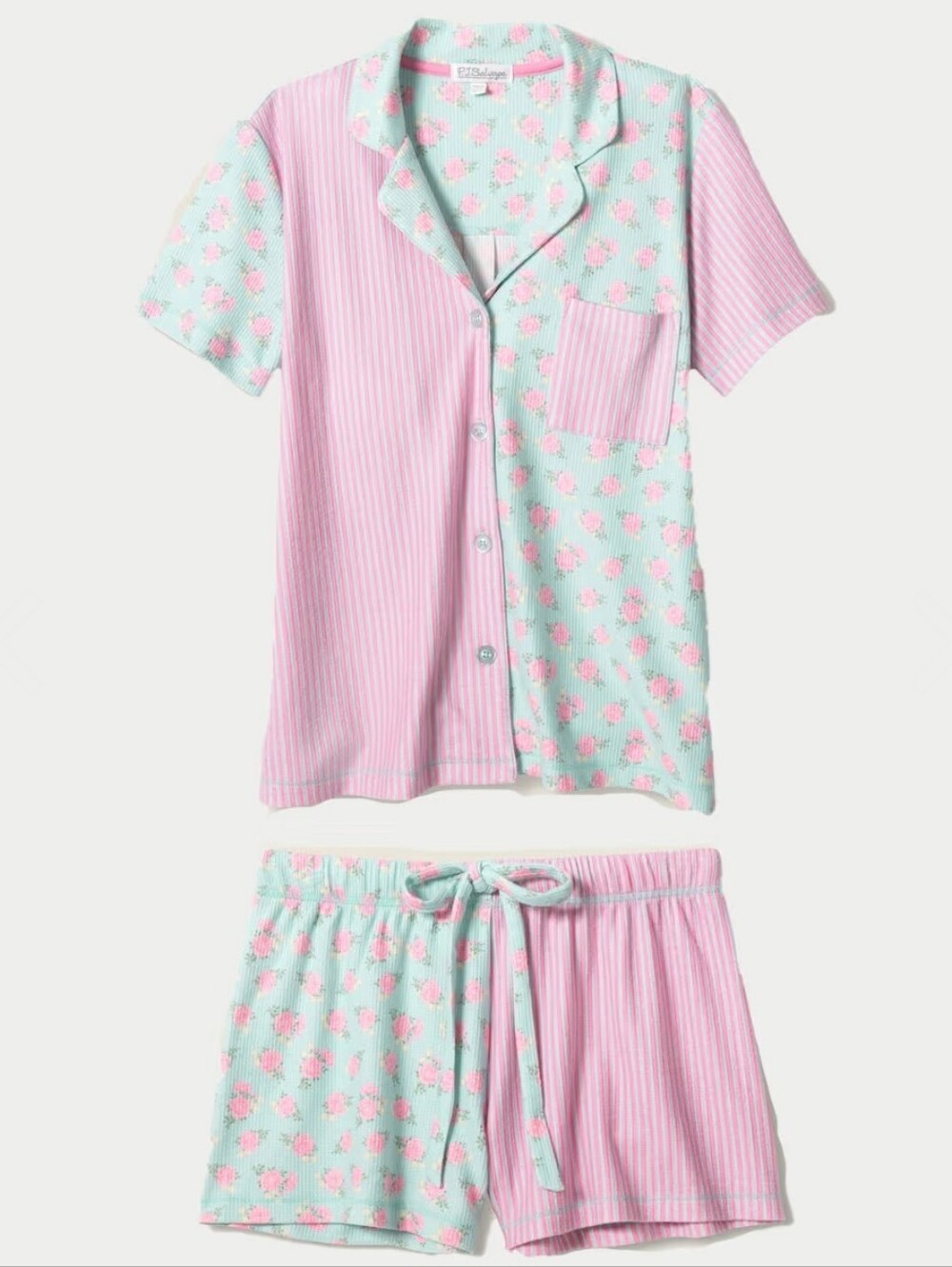 P.J. Salvage Secret Garden Striped Floral Knit Pajama Set In Pink Mint, NWT, XS